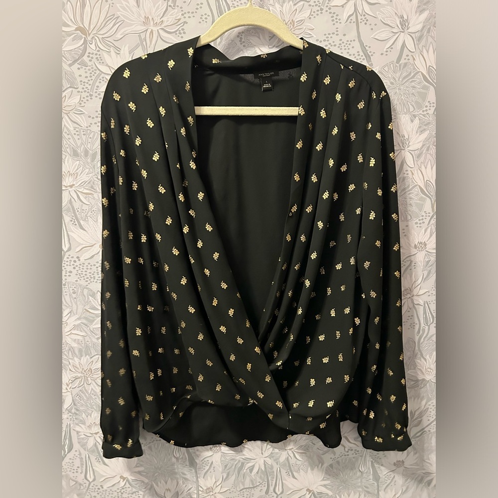 Ann Taylor Black Blouse with Metallic Gold Motif